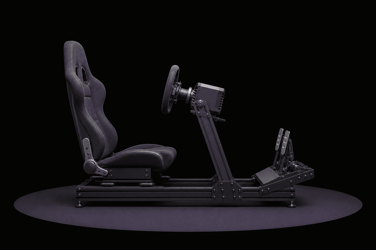 Complete sim racing cockpit viewed from the side